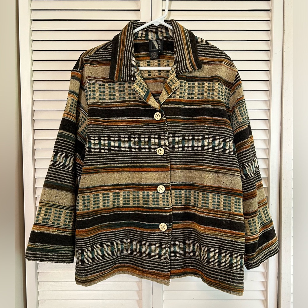 Vintage Nash Women's Tapestry Jacket Chenille Stripe Boho Size Large Beige Brown